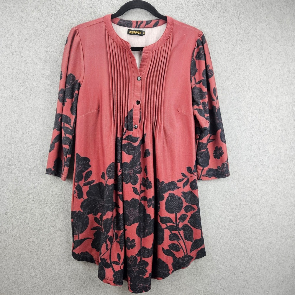 REBORN Tunic Top Women M Red Floral Pleated Front 3/4 Sleeve Casual Boho Chic